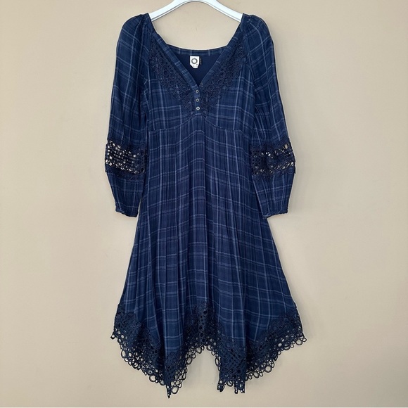 Anthropologie’s Akemi Kin Sz 2 Cottagecore Dress Navy Blue Plaid Codie Lace - Picture 2 of 16